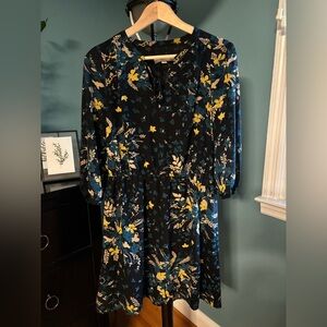 Loft Women’s Medium Petite Navy Botanical Floral Knee Length A-Line Dress